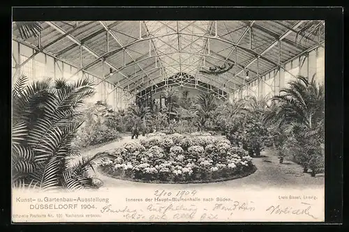 AK Düsseldorf, Kunst- und Gartenbau-Ausstellung 1904, Inneres der Blumenhalle