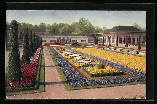 AK Dresden, Jubiläums-Gartenbau-Ausstellung 1926, grosse Schmuckanlage am Haupteingang