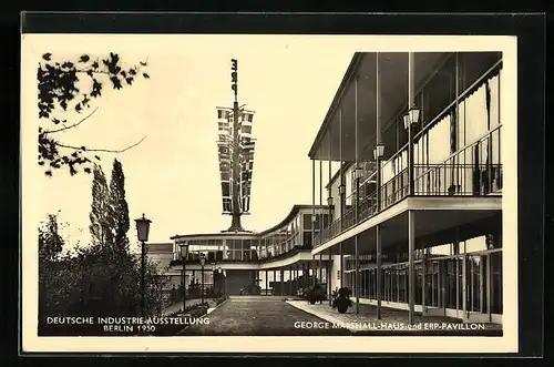 AK Berlin, Deutsche Industrie-Ausstellung 1950, George Marshall-Haus und Erp-Pavillon