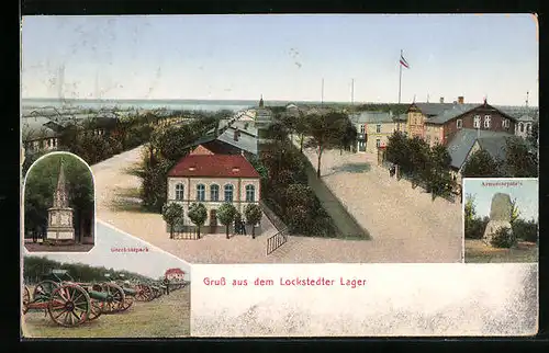 AK Lockstedt, Blick auf das Lagergelände, der Geschützpark, der Armeecorpstein