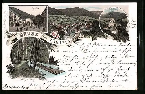 Lithographie Wildbad, Anlagen-Parthie, Kurplatz, Ortsansicht aus der Vogelschau