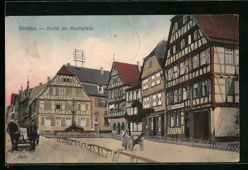AK Bretten, Partie am Marktplatz mit Pferdefuhrwerk