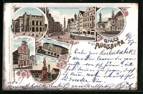 Lithographie Augsburg, Herkulesbrunnen, Theater, Justizpalast