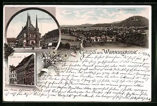 Vorläufer-Lithographie Wernigerode, 1894, Rathhaus, Altes Haus, Ortsansicht aus der Vogelschau