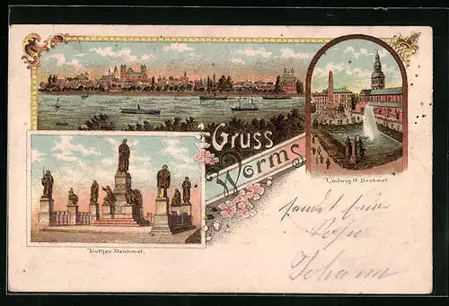 Lithographie Worms, Luther Denkmal, Ortsansicht hinter Wasser