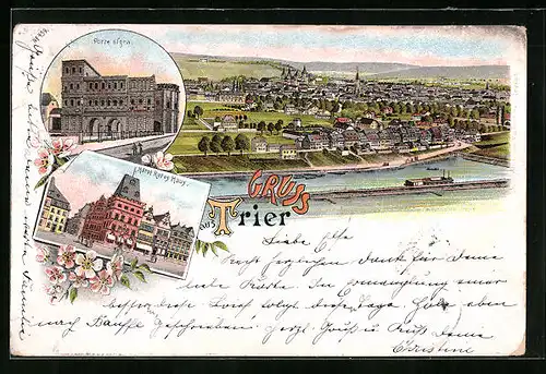 Lithographie Trier, Hotel Rotes Haus, Porte nigra, Ortsansicht aus der Vogelschau