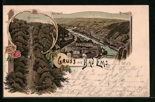 Lithographie Bad Ems, Malbergbahn und Ortsansicht aus der Vogelschau