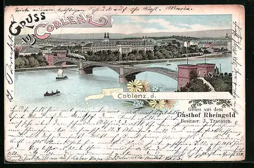 Lithographie Coblenz, Ortsansicht mit Brücke