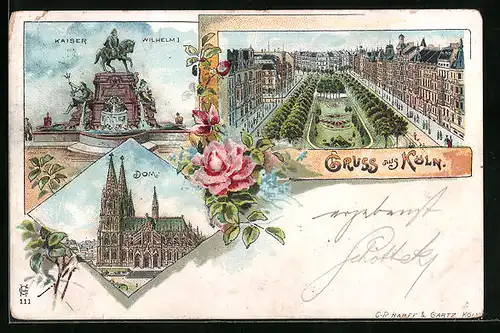 Lithographie Köln, Dom, Teilansicht aus der Vogelschau