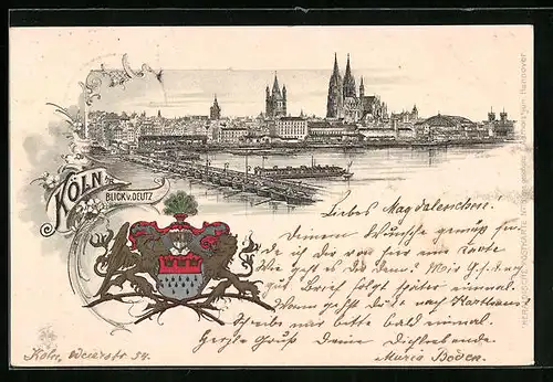 Lithographie Köln, Blick von Deutz, Stadtwappen