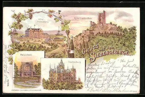 Lithographie Siebengebirge, Hotel Petersberg, Heisterbach, Drachenburg