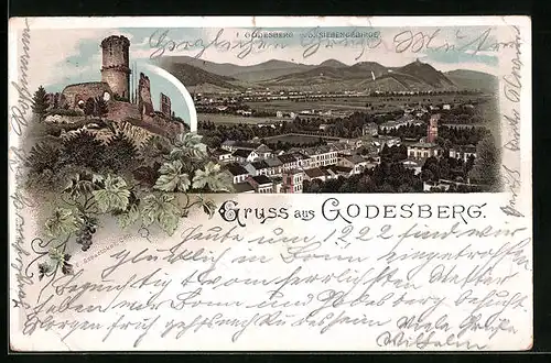 Lithographie Godesberg, Burg, Ortsansicht mit Siebengebirge