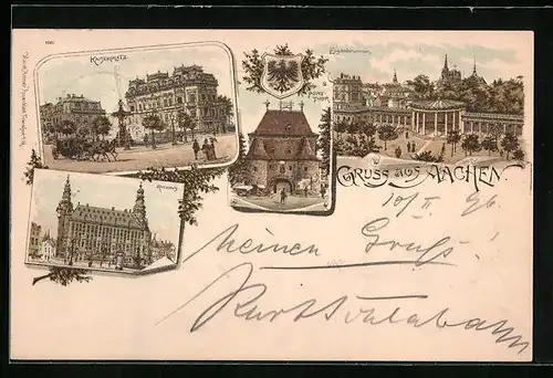 Lithographie Aachen, Rathaus, Elisenbrunnen