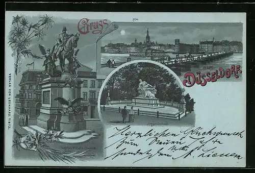 Mondschein-AK Düsseldorf, Denkmäler, Ortsansicht mit Brücke