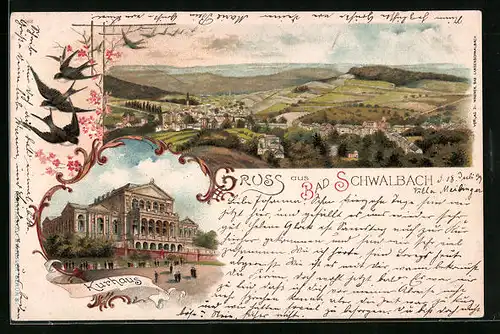 Lithographie Bad Schwalbach, Kurhaus, Ortsansicht aus der Vogelschau
