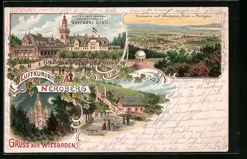 Lithographie Wiesbaden, Hotel Neroberg der Gebrüder Krell, Panorama auf Wiesbaden, Rhein und Maingau