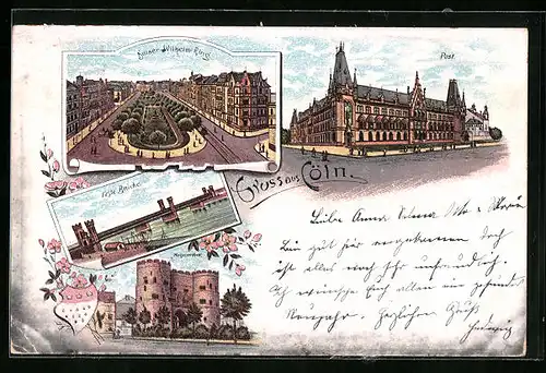 Lithographie Köln-Neustadt, Feste Brücke, Post, Kaiser-Wilhelm-Ring