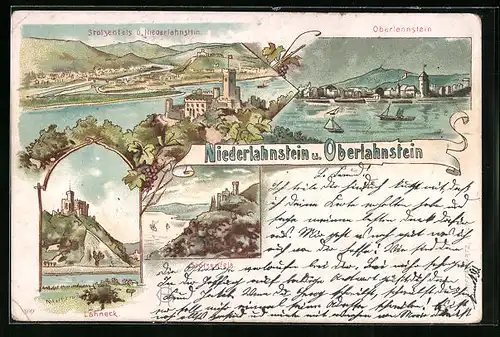 Lithographie Niederlahnstein, Ortsansicht Oberlahnstein, Stolzenfels