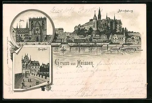 Lithographie Meissen, Dom, Burgthor, Albrechtsburg
