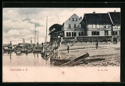 AK Schönbeck a. E., An der Elbe mit Gasthaus zum Goldenen Anker