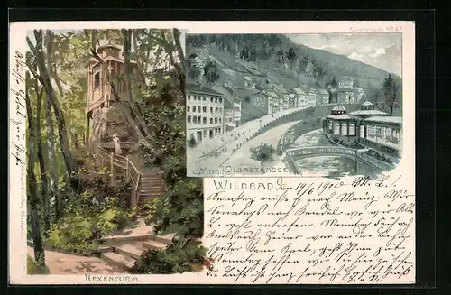 Künstler-AK Carl Münch: Wildbad, Olgastrasse mit Brücke, Hexenturm