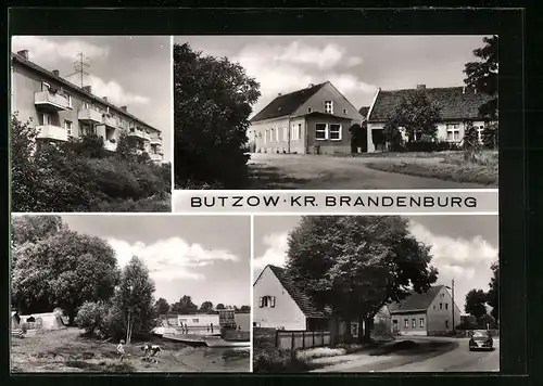 AK Butzow, Strassenpartie mit Gebäudeansicht, Zeltplatz, Ortspartie