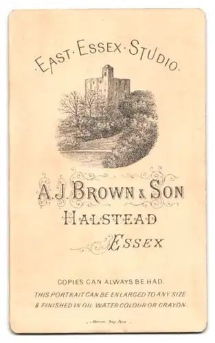 Fotografie A. J. Brown & Son, Halstead, süsses Kleinkind auf einem Stuhl mit neugierigem Blick