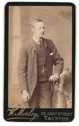 Fotografie W. Morley, Taunton, 27, East Street, Junger Herr im gestreiften Anzug mit Krawatte