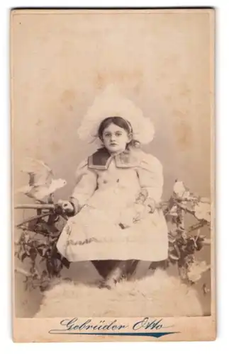 Fotografie Gebrüder Otto, Oranienburg, niedliches Mädchen im hellen Kleid mit Haube und ausgestopfter Taube