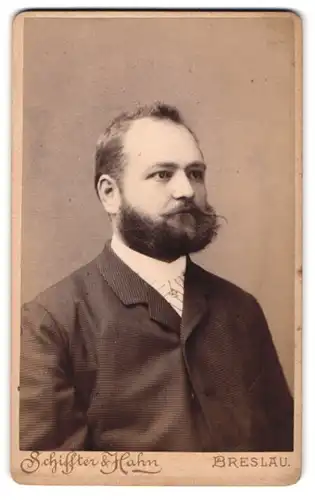 Fotografie Schiffter & Hahn, Breslau, junger Mann im karierten Anzug mit Vollbart