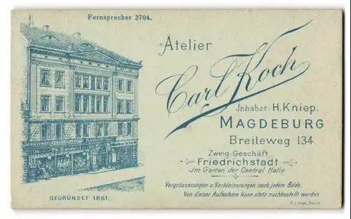 Fotografie Carl Koch, Magdeburg, Breiteweg 134, Ansicht Magdeburg, Frontpartie des Ateliersgebäude mit Schaufenster