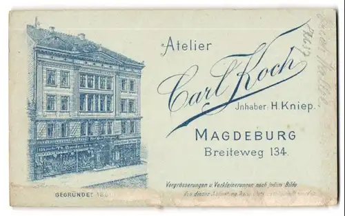 Fotografie Carl Koch, Magdeburg, Ansicht Magdeburg, Atelier & Geschäftshaus im Breiteweg 134, Rückseitig Portrait-Foto