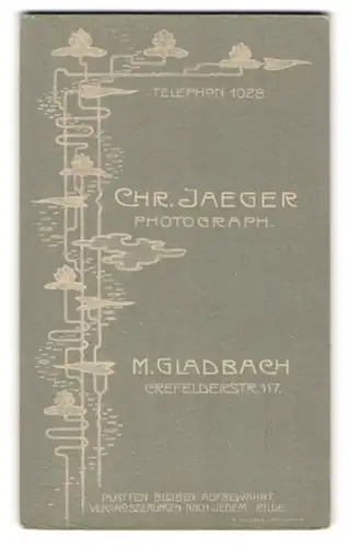 Fotografie Chr. Jaeger, Mönchen Gladbach, Crefelderstr. 117, blühende Seerosen, Rückseitig junger Herr im Portrait