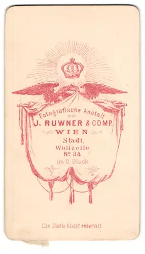 Fotografie J. Ruwner & Comp., Wien, Wollzeile 34, Adler mit Krone & Banner, Rückseitig Damen-Portrait