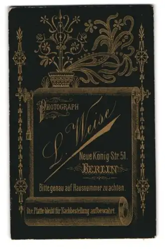 Fotografie L. Weise, Berlin, Neue Königstr. 51, Vorhang und Ornamente, Rückseitig Damen Portrait