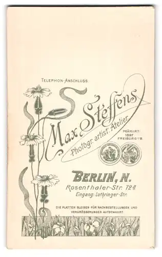 Fotografie Max Steffens, Berlin, Rosenthalerstr. 72d, Blumen & Messemedaillen, Rückseitig Damen-Portrait