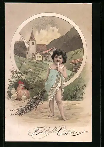 AK Schüchternes Kind und Osterküken