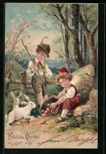 AK Kinder in Trachten mit Osterhasen