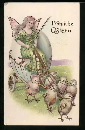AK Osterengel auf Kutsche mit Osterküken