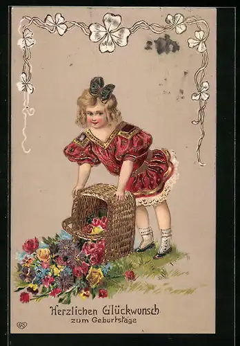 AK Mädchen leert Blumenkorb aus, Geburtstag