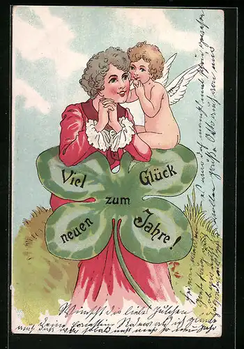 AK Neujahrsengel sitzt auf Kleeblatt