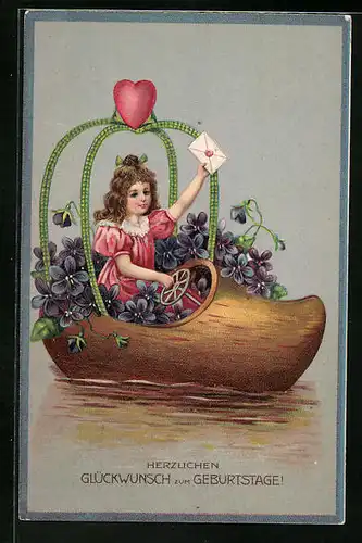 Präge-AK Mädchen bei Bootsfahrt im Holzschuh, Geburtstag