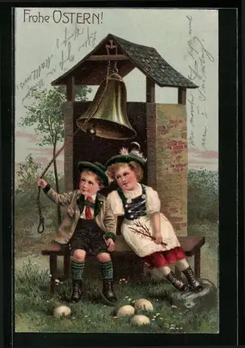 AK Kinder in Trachten mit Osterglocke
