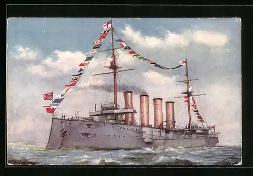 Künstler-AK Britisches Kriegsschiff HMS Drake in Flaggengala auf hoher See