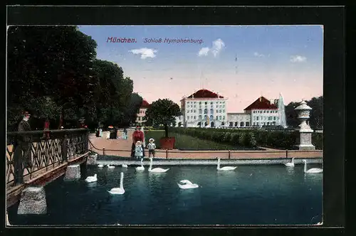 AK München, Schloss Nymphenburg mit Schwanenteich