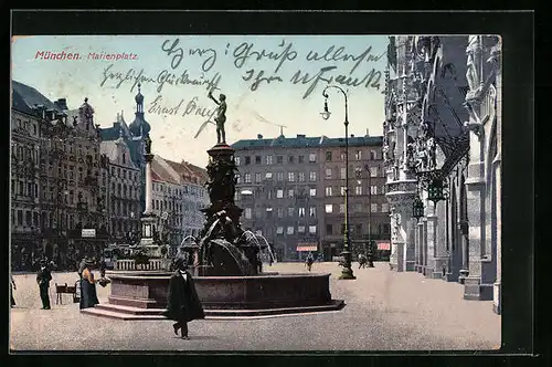 AK München, Marienplatz mit Brunnen