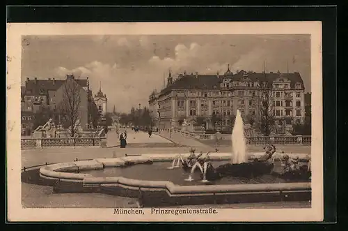 AK München, Prinzregentenstrasse mit Springbrunnen