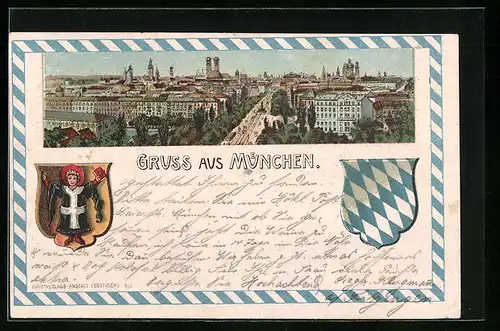 Künstler-AK München, Teilansicht mit Strassenpartie, Wappen