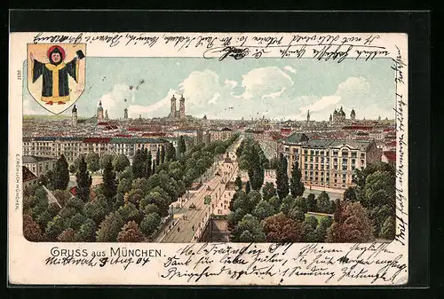 Lithographie München, Teilansicht mit Strassenpartie, Wappen