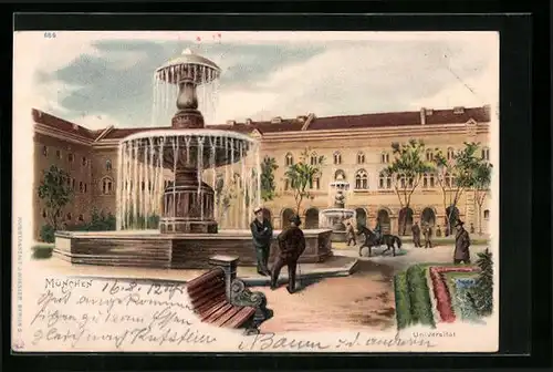 Lithographie München, Universität mit Brunnen